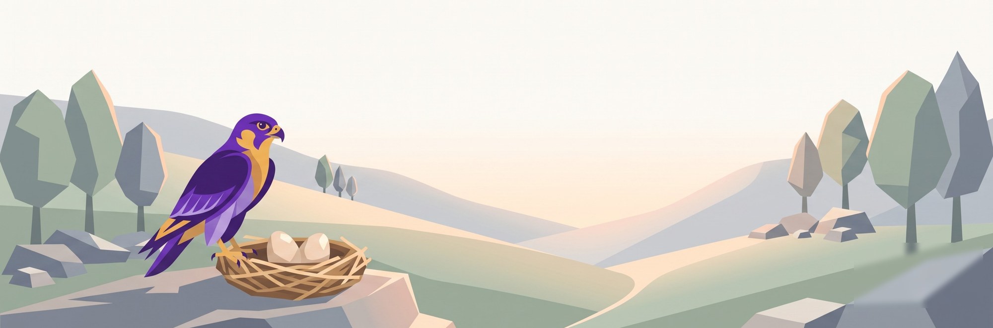 A falcon watches over its nest at dawn, in a stylized valley.